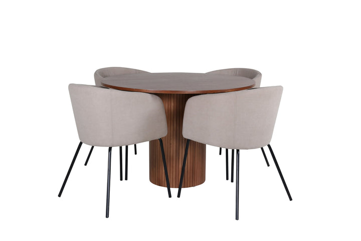 Venture Home Bianca Round Dining Table - Walnut / Black Veneer+Berit Chair - Black / Beige Fabric (Polyester linen )_4