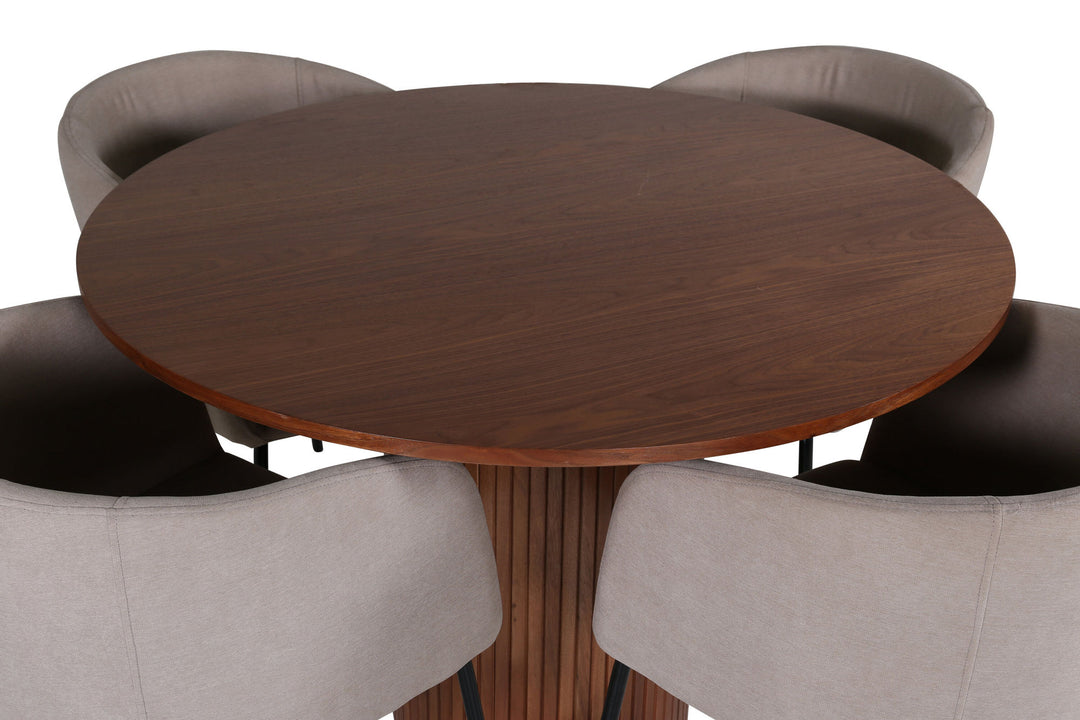Venture Home Bianca Round Dining Table - Walnut / Black Veneer+Berit Chair - Black / Beige Fabric (Polyester linen )_4