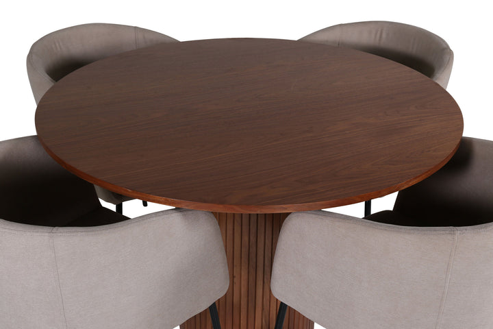 Venture Home Bianca Round Dining Table - Walnut / Black Veneer+Berit Chair - Black / Beige Fabric (Polyester linen )_4