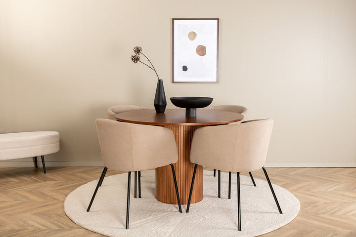 Venture Home Bianca Round Dining Table - Walnut / Black Veneer+Berit Chair - Black / Beige Fabric (Polyester linen )_4