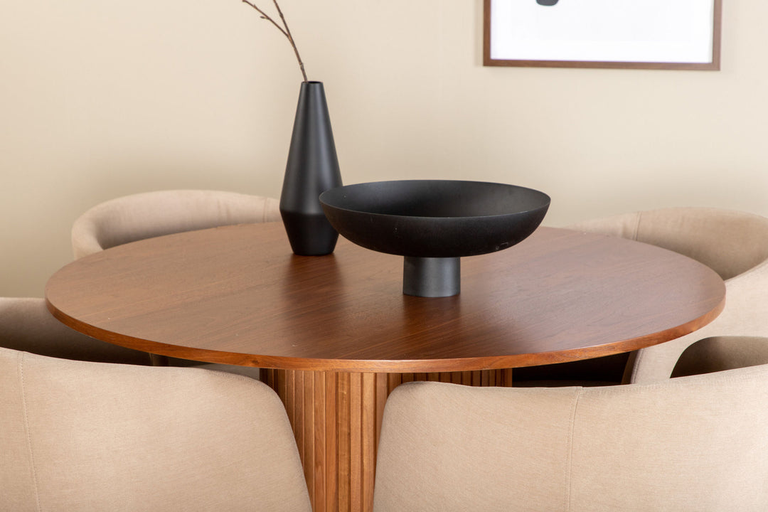 Venture Home Bianca Round Dining Table - Walnut / Black Veneer+Berit Chair - Black / Beige Fabric (Polyester linen )_4