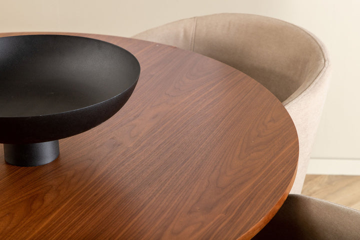 Venture Home Bianca Round Dining Table - Walnut / Black Veneer+Berit Chair - Black / Beige Fabric (Polyester linen )_4