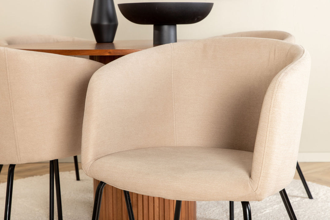 Venture Home Bianca Round Dining Table - Walnut / Black Veneer+Berit Chair - Black / Beige Fabric (Polyester linen )_4