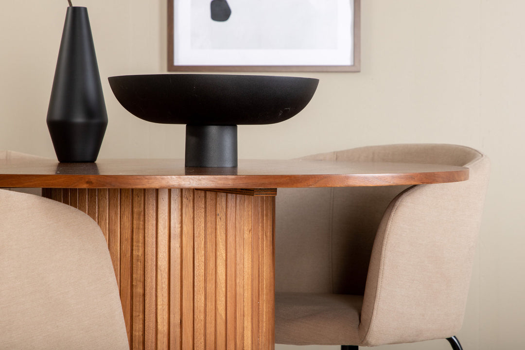 Venture Home Bianca Round Dining Table - Walnut / Black Veneer+Berit Chair - Black / Beige Fabric (Polyester linen )_4