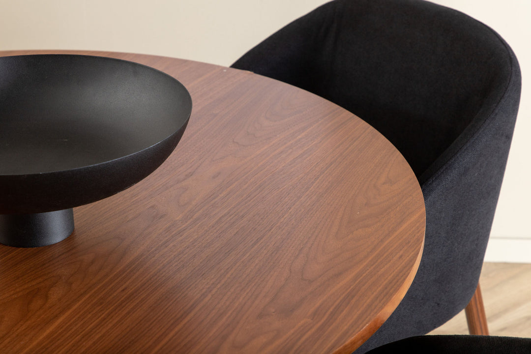 Venture Home Bianca Round Dining Table - Walnut / Black Veneer+Arch Dining Chair - Walnut Legs - Black Fabric_4