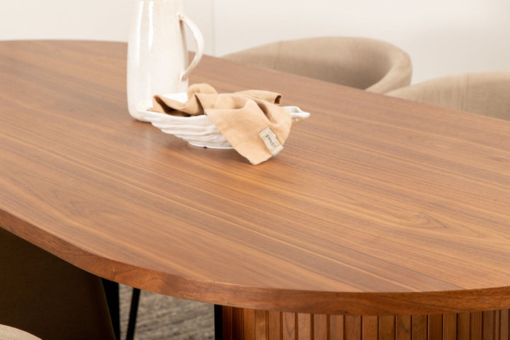 Venture Home Bianca Oval Dining Table , Walnut Black Veneer+Berit Chair , Black Beige Fabric (Polyester linen )_4