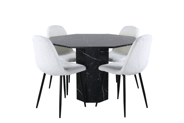 Venture Home Marbs Round Dining Table , Black Black Glass Marble+Polar Fluff Dining Chair , Black Legs , White Teddy _4