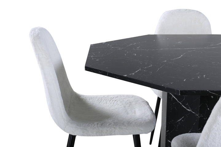 Venture Home Marbs Round Dining Table , Black Black Glass Marble+Polar Fluff Dining Chair , Black Legs , White Teddy _4