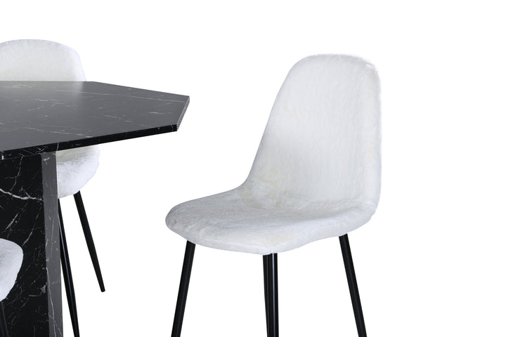 Venture Home Marbs Round Dining Table , Black Black Glass Marble+Polar Fluff Dining Chair , Black Legs , White Teddy _4