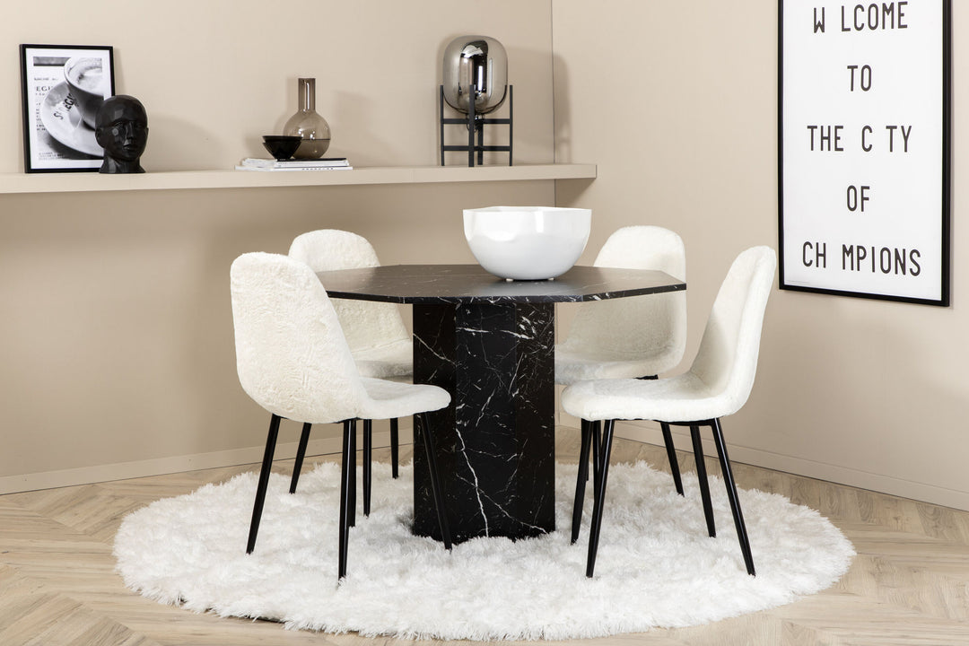 Venture Home Marbs Round Dining Table , Black Black Glass Marble+Polar Fluff Dining Chair , Black Legs , White Teddy _4