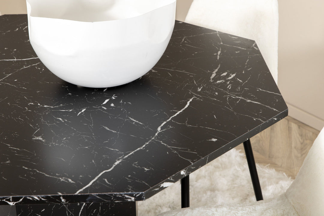 Venture Home Marbs Round Dining Table , Black Black Glass Marble+Polar Fluff Dining Chair , Black Legs , White Teddy _4