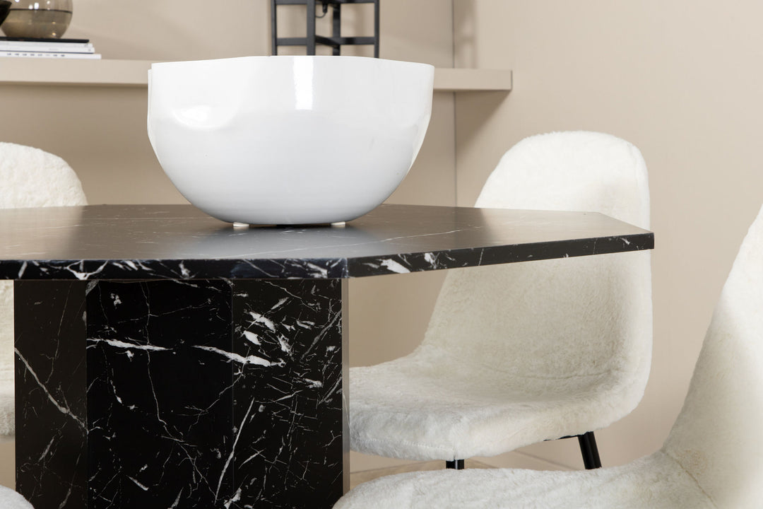 Venture Home Marbs Round Dining Table , Black Black Glass Marble+Polar Fluff Dining Chair , Black Legs , White Teddy _4