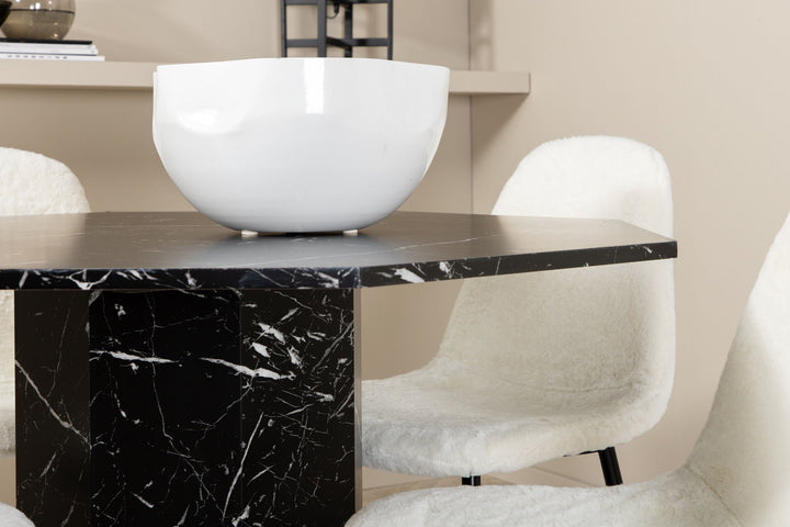 Venture Home Marbs Round Dining Table , Black Black Glass Marble+Polar Fluff Dining Chair , Black Legs , White Teddy _4