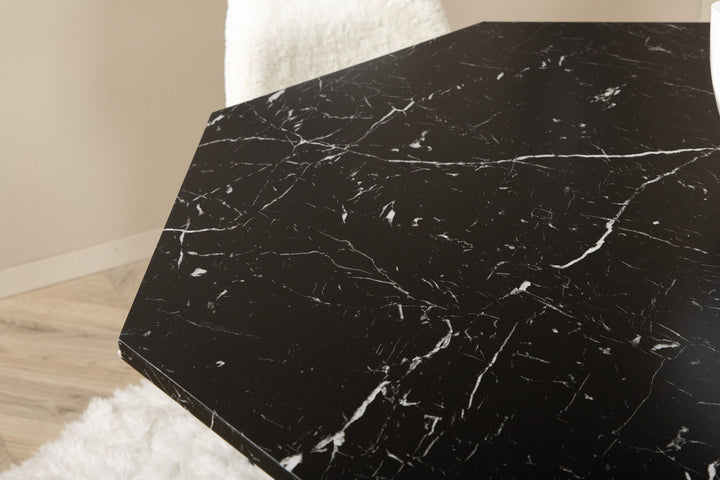Venture Home Marbs Round Dining Table , Black Black Glass Marble+Polar Fluff Dining Chair , Black Legs , White Teddy _4