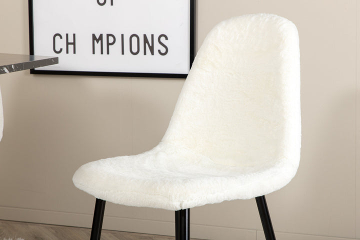 Venture Home Marbs Round Dining Table , Black Black Glass Marble+Polar Fluff Dining Chair , Black Legs , White Teddy _4