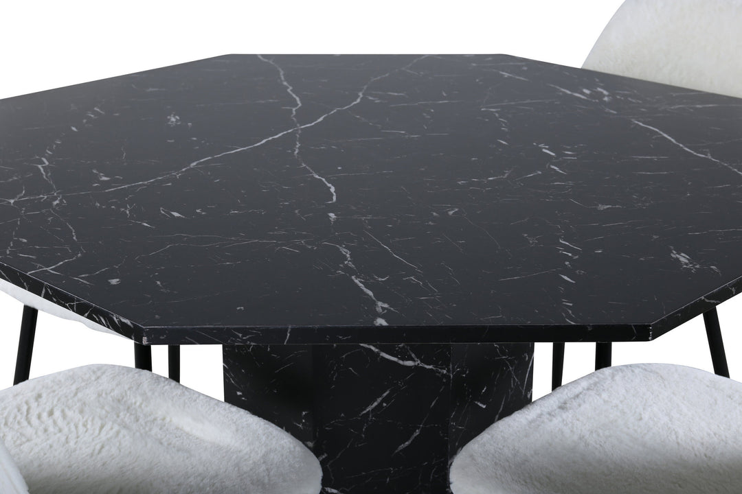 Venture Home Marbs Round Dining Table , Black Black Glass Marble+Polar Fluff Dining Chair , Black Legs , White Teddy _4