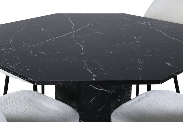 Venture Home Marbs Round Dining Table , Black Black Glass Marble+Polar Fluff Dining Chair , Black Legs , White Teddy _4