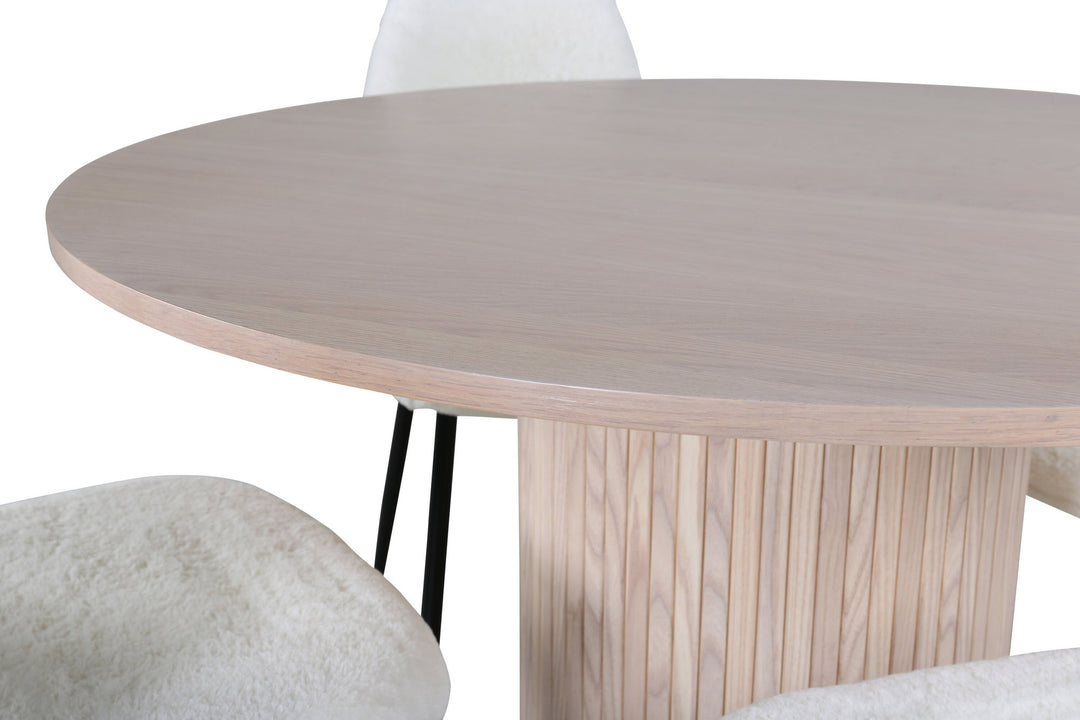Venture Home Bianca Round Dining Table , White Wash Black Veneer+Polar Fluff Dining Chair , Black Legs , White Teddy _4
