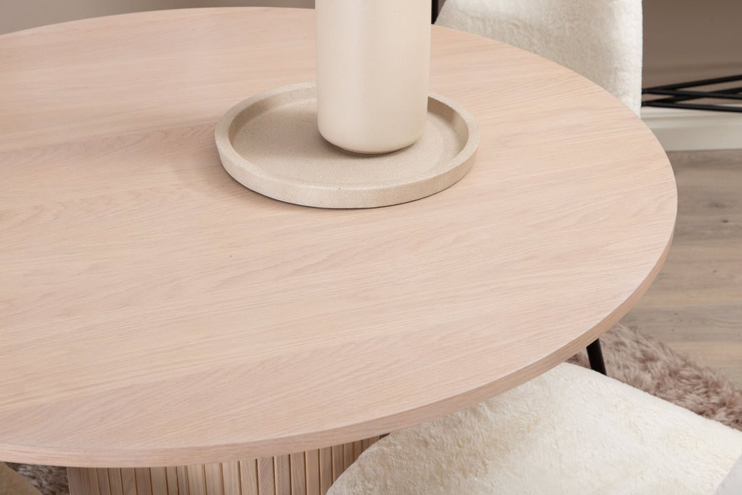 Venture Home Bianca Round Dining Table , White Wash Black Veneer+Polar Fluff Dining Chair , Black Legs , White Teddy _4