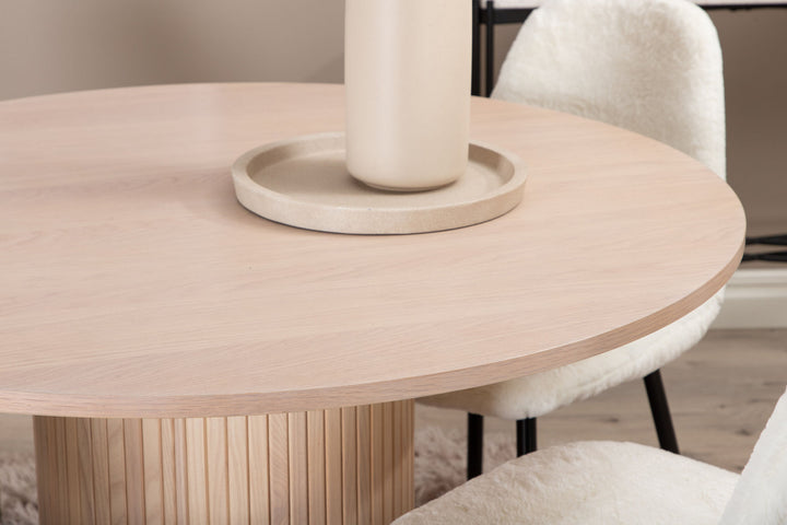 Venture Home Bianca Round Dining Table , White Wash Black Veneer+Polar Fluff Dining Chair , Black Legs , White Teddy _4