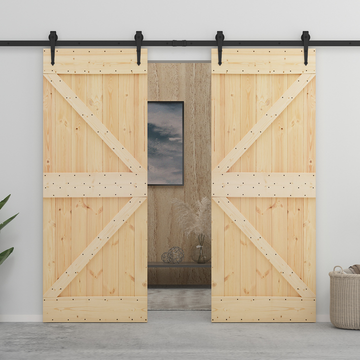 Skydedør 2 pcs Naturfarvet og sort Massivt fyrretræ