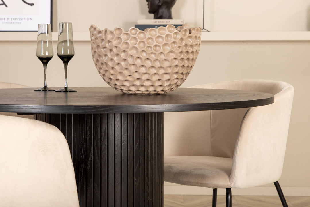 Venture Home Bianca Round Dining Table - Black / Black Veneer+Berit Chair - Black / Beige Velvet_4