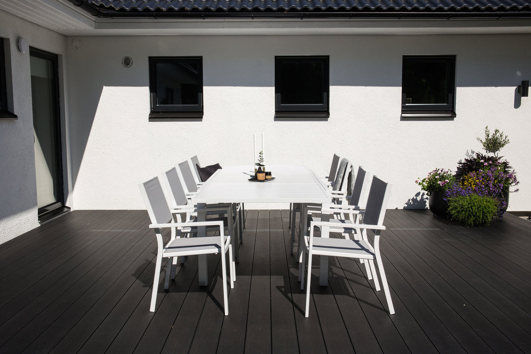 Venture Home Marbella matbord 160/240*100*H75 - Vit+Copacabana Karmstol ( stapelbar) Vit alu