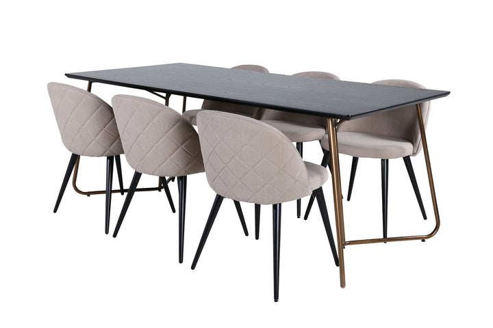 Venture Home Petra Dining Table , Distressed Copper Black Veneer+Velvet Stitches Chair , Black Beige Fabric (Polyester linen )_6