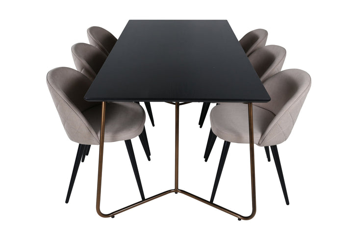 Venture Home Petra Dining Table , Distressed Copper Black Veneer+Velvet Stitches Chair , Black Beige Fabric (Polyester linen )_6