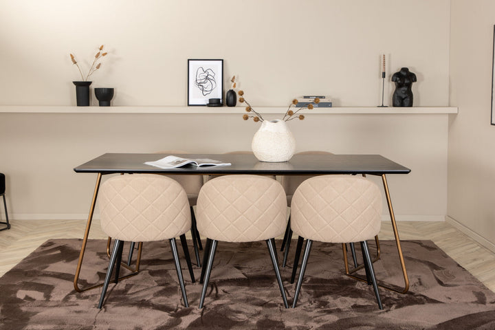 Venture Home Petra Dining Table , Distressed Copper Black Veneer+Velvet Stitches Chair , Black Beige Fabric (Polyester linen )_6