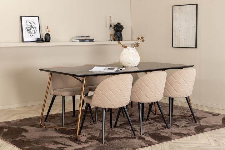 Venture Home Petra Dining Table , Distressed Copper Black Veneer+Velvet Stitches Chair , Black Beige Fabric (Polyester linen )_6