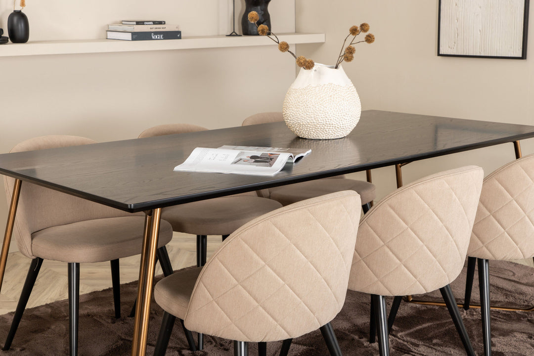 Venture Home Petra Dining Table , Distressed Copper Black Veneer+Velvet Stitches Chair , Black Beige Fabric (Polyester linen )_6