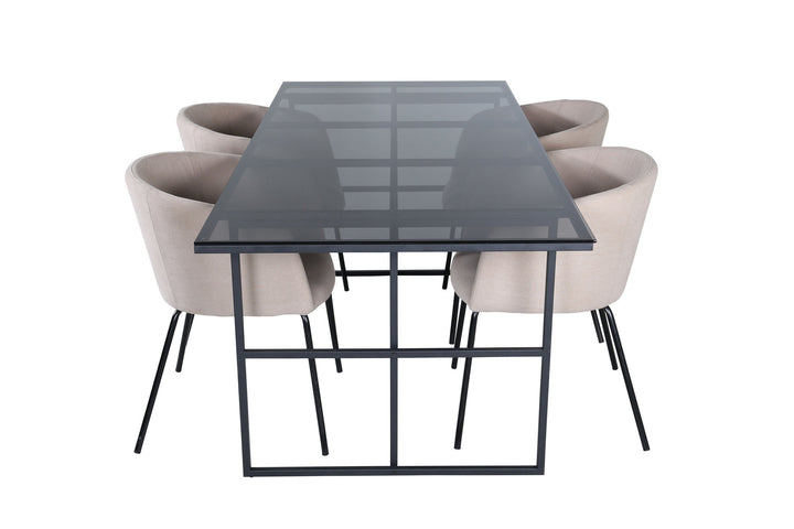 Venture Home Leif Dining Table - Black / Black smoked smoked Glass+Berit Chair - Black / Beige Fabric (Polyester linen )_4