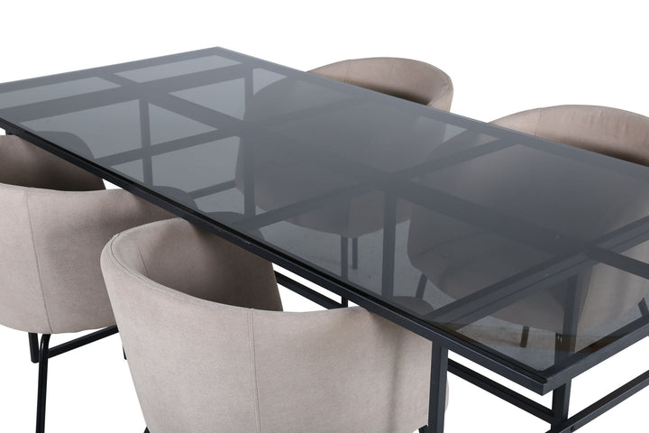 Venture Home Leif Dining Table - Black / Black smoked smoked Glass+Berit Chair - Black / Beige Fabric (Polyester linen )_4