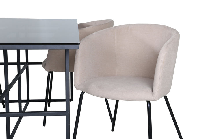 Venture Home Leif Dining Table - Black / Black smoked smoked Glass+Berit Chair - Black / Beige Fabric (Polyester linen )_4