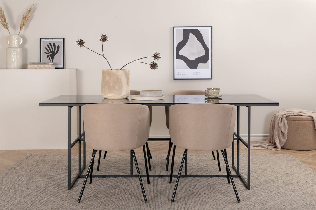 Venture Home Leif Dining Table - Black / Black smoked smoked Glass+Berit Chair - Black / Beige Fabric (Polyester linen )_4