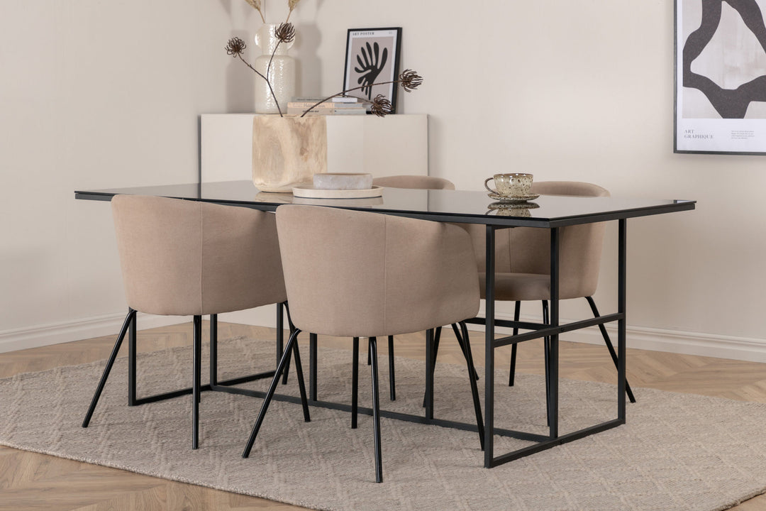 Venture Home Leif Dining Table - Black / Black smoked smoked Glass+Berit Chair - Black / Beige Fabric (Polyester linen )_4