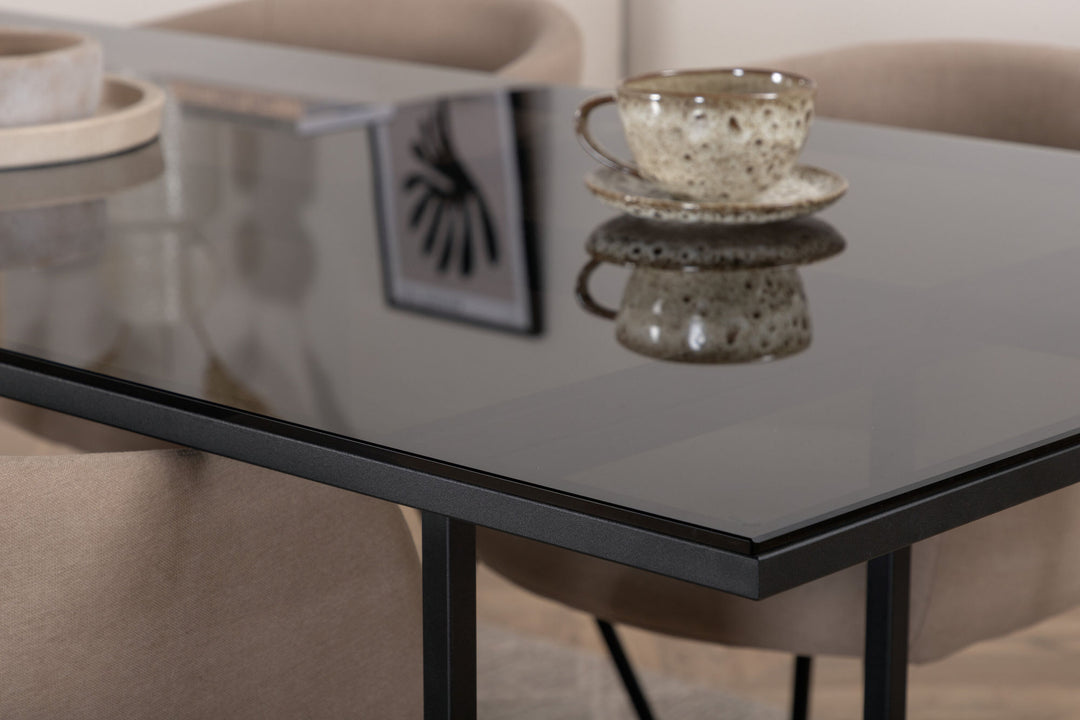 Venture Home Leif Dining Table - Black / Black smoked smoked Glass+Berit Chair - Black / Beige Fabric (Polyester linen )_4