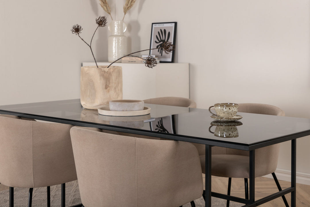 Venture Home Leif Dining Table - Black / Black smoked smoked Glass+Berit Chair - Black / Beige Fabric (Polyester linen )_4