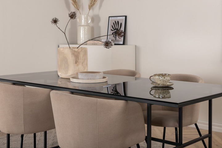 Venture Home Leif Dining Table - Black / Black smoked smoked Glass+Berit Chair - Black / Beige Fabric (Polyester linen )_4