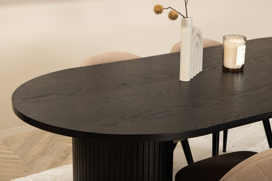 Venture Home Bianca Oval Dining Table - Black / Black Veneer+Velvet Stitches Chair - Black / Beige Fabric (Polyester linen )_4