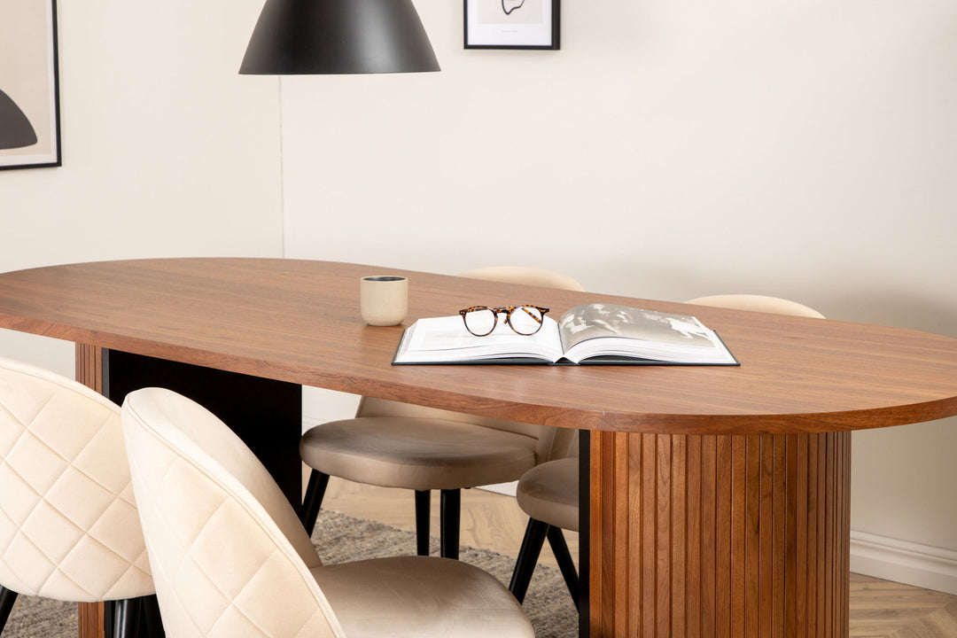Venture Home Bianca Oval Dining Table , Walnut Black Veneer+Velvet Stitches Chair , Black Beige Velvet_4