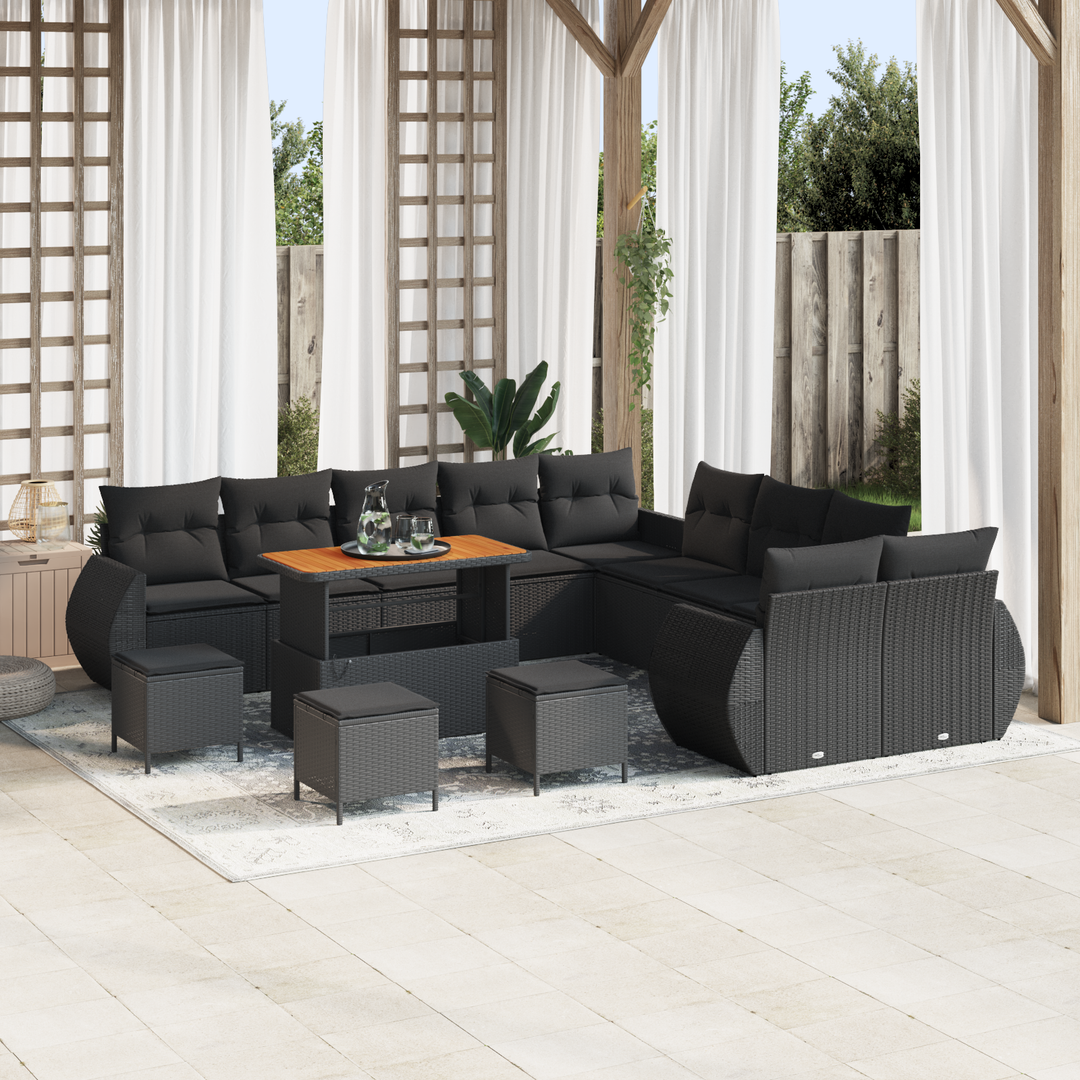 Havesofa Sæt 14 pcs Sort Polyrattan og pulverlakeret stål