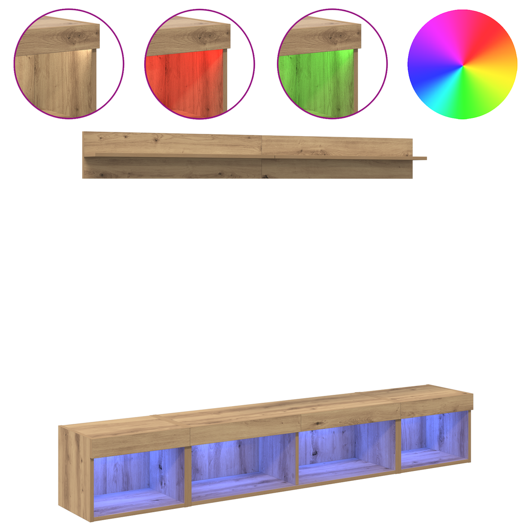 Tv vægskab sæt med LED 5 pcs Artisan Egetræ Konstrueret træ