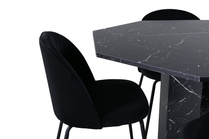 Venture Home Marbs Round Dining Table , Black Black Glass Marble+Wrinkles Dining Chair , Black Legs , Black Velvet_4