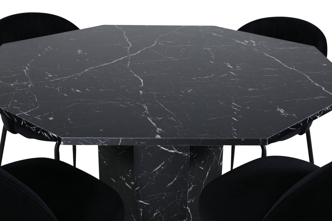 Venture Home Marbs Round Dining Table , Black Black Glass Marble+Wrinkles Dining Chair , Black Legs , Black Velvet_4
