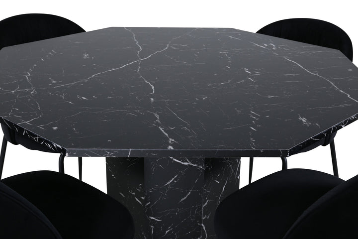 Venture Home Marbs Round Dining Table , Black Black Glass Marble+Wrinkles Dining Chair , Black Legs , Black Velvet_4