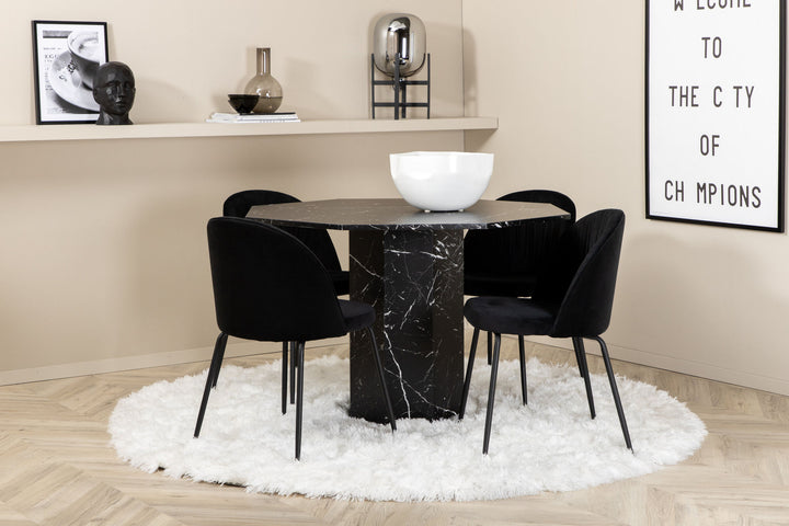 Venture Home Marbs Round Dining Table , Black Black Glass Marble+Wrinkles Dining Chair , Black Legs , Black Velvet_4