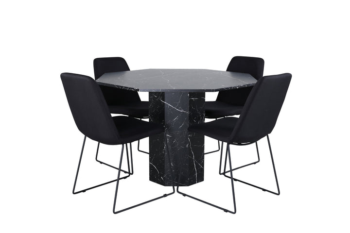 Venture Home Marbs Round Dining Table , Black Black Glass Marble+Muce Dining Chair , Black Legs , Black Fabric_4
