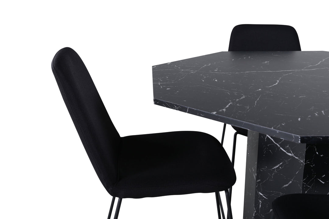 Venture Home Marbs Round Dining Table , Black Black Glass Marble+Muce Dining Chair , Black Legs , Black Fabric_4